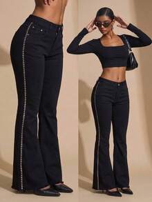 pthirillo Women's Black Flare Jeans With Butt-Lifting Effect, High Waist, And Rhinestone Detail - Premium Rhinestone Jeans - Lateral Rates - View 1