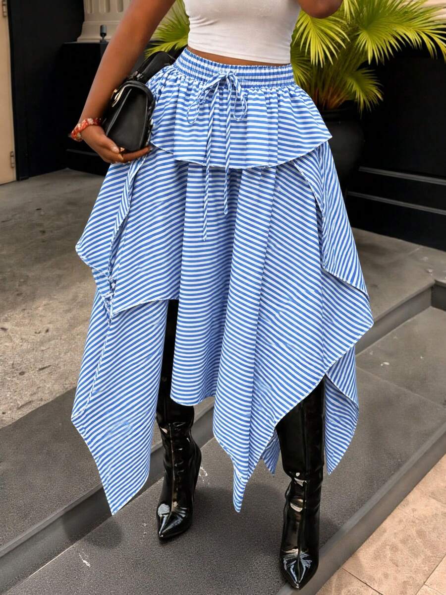 Women's Summer Casual Striped Ruffle Asymmetric Hem Drawstring Waist Skirt - Multicolor - View 1
