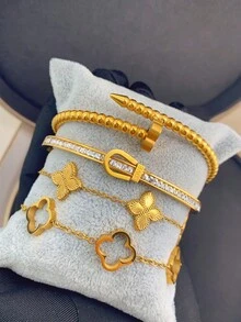 4件/1件 奢華不鏽鋼鑲鑽四葉草與星星手鍊套組，復古優雅女款飾品，適合日常佩戴、送禮、派對、時尚聖誕禮物 - 金色 - 查看 5