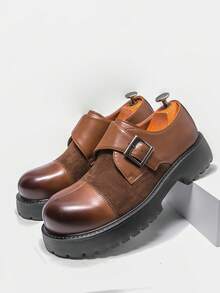 Sapatos Monk Masculinos com Sola Grossa, Fivela Única & Sola Tratorada, Sapatos Slip-On Estilo Trabalho Britânico Vintage para Uso Diário & Casual - Castanho - Visão 2