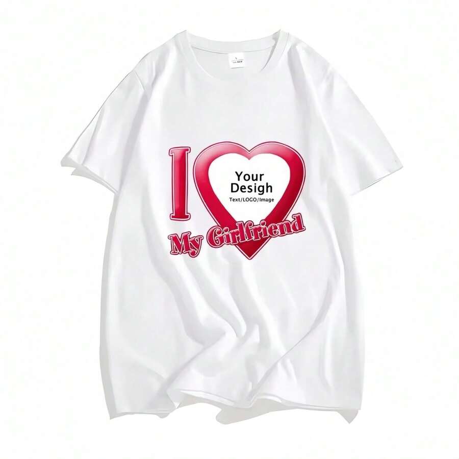Camiseta DIY I Love My Boyfriend Girlfriend para hombres y mujeres, camiseta de manga corta con foto personalizada, camisetas .personalizadas. - Blanco - Ver 1