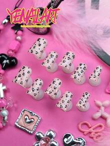 10Pcs Y2K Cute Duck Shaped Full Cover Press On Nails,Solid Pink Tone,Leopard Prints & Sparkly Glitter Punk Style Artificial Nail Set,Nice Holiday Gift For Girls&Women To Wear At Daily,Parties And Festive Events Nail Supplies - Pink - View 3