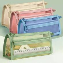 4pcs, Double Layer Transparent Mesh Large Capacity Pencil Case, Minimalist Double Layer Highly Attractive Pencil Storage - Multicolor - View 2