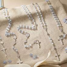 1pc Fashion Women's Y-Shaped Rosary Necklace, Blue Cat Eye Bead Vintage Virgin Mary Cross Pendant Y-Shaped Necklace, Catholic Religious Prayer Beads, Y2K Elegant Daily Decorative Jewelry, Valentine's Day, Mother's Day, Baptism Gift - Baby Blue - View 8
