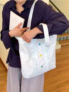 開學季日韓風小眾設計 INS 風大容量女款彩色鈕扣通勤出遊日常購物大學風單肩腋下托特包 - 白色 - 查看 6