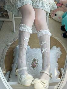 1 Pair Girls Spring/Summer Thin Lace Trim Multi-Bow Lolita JK Sweet Fishnet Socks - Multicolor - View 9