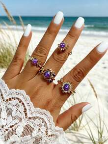 imoli 4pcs/Set Bohemian Beach Vacation Sun Moon Star Purple Faux Gemstone Sun Rhinestone Faux Amethyst Open Ring Set Stackable Rings, Perfect Gift For Travel, Friends And Besties - 32755-ring-purple-eP - View 2