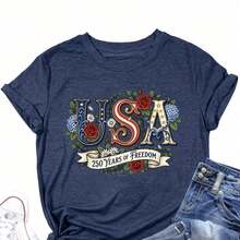Women's Vintage USA 250 Years Of Freedom Floral Print Short Sleeve Round Neck T-Shirt Casual Cotton Tee Top - 藏藍色2 - 查看 9