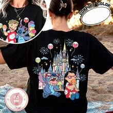 Disney Ladies Oversized T-Shirt Two-Sided Lilo & Stitch Shirt, Disney Castle Magic Kingdom Stitch Shirt, Cute Stitch Lilo Disney Suitable For Gifts - 黑色 - 查看 1