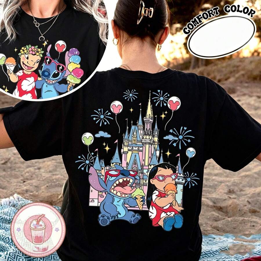 Disney Ladies Oversized T-Shirt Two-Sided Lilo & Stitch Shirt, Disney Castle Magic Kingdom Stitch Shirt, Cute Stitch Lilo Disney Suitable For Gifts - 黑色 - 查看 1