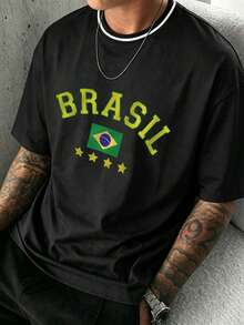 Summer Men's Casual Fashion Versatile Contrast Collar Simple Letter Print Loose Round Neck Short Sleeve T-Shirt - Black - View 1