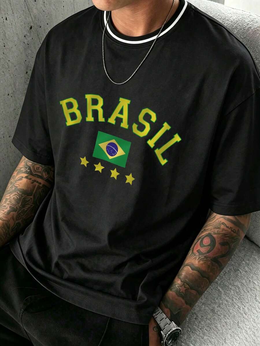 Summer Men's Casual Fashion Versatile Contrast Collar Simple Letter Print Loose Round Neck Short Sleeve T-Shirt - Black - View 1