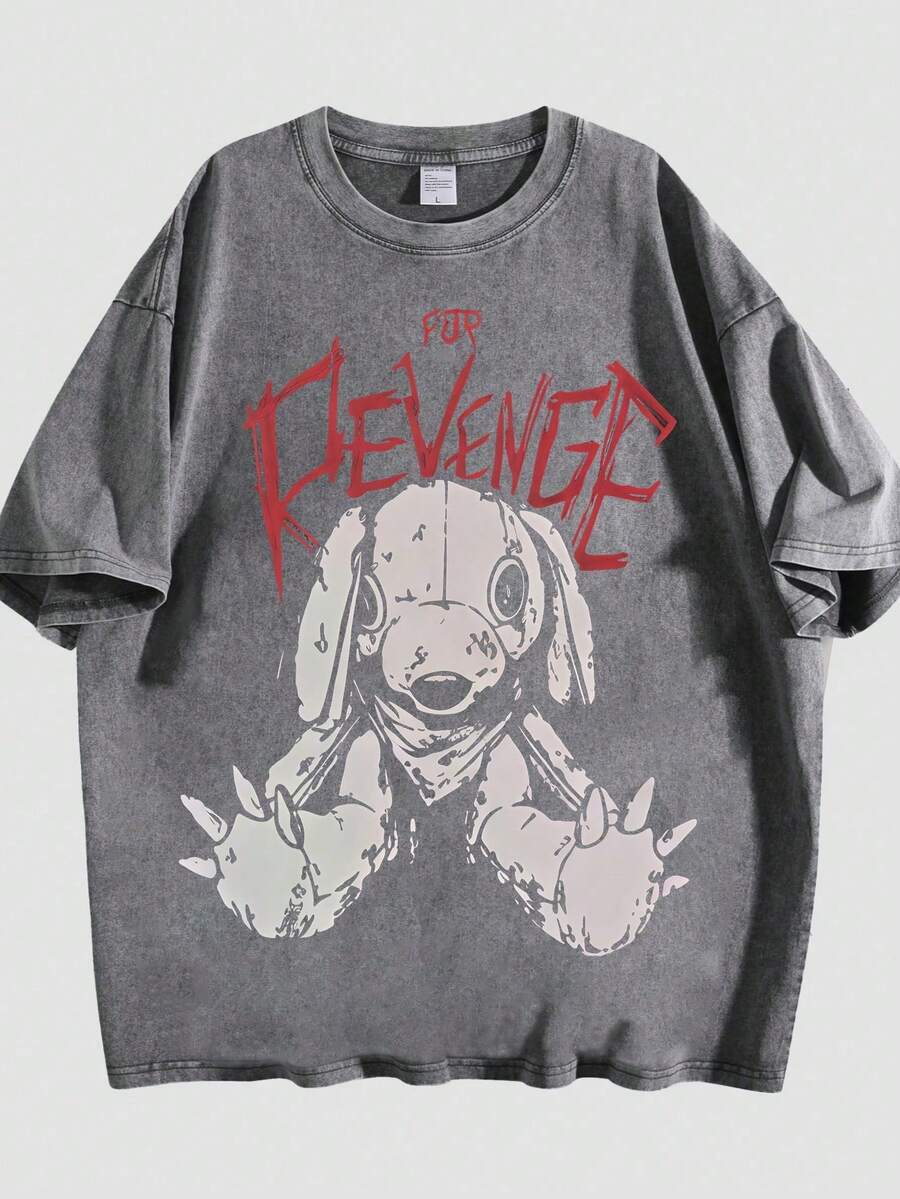 Women's Loose-Fitting Cotton Summer T-Shirt, Dark Sleeve Graphic With Retro Japanese Lettering, Lightweight Men's T-Shirt For Urban Outings And Meetings - 灰色 - 查看 1
