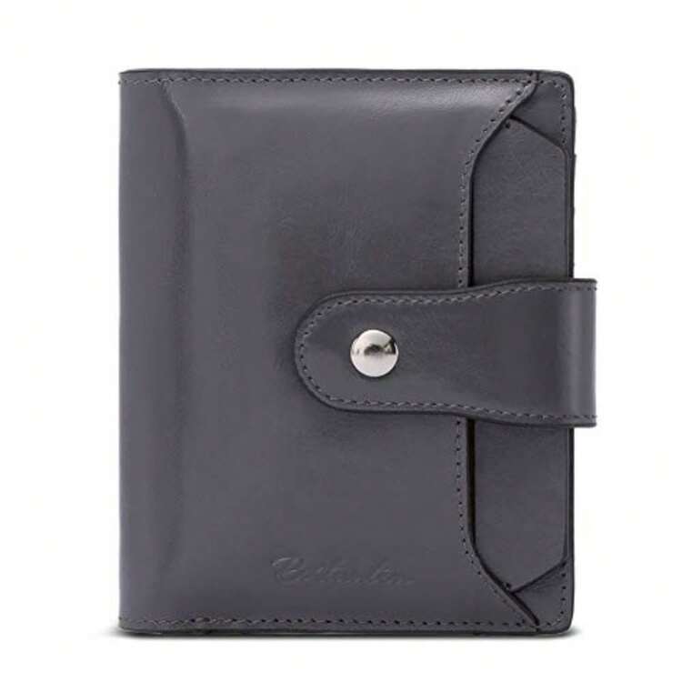 BOSTANTEN Cartera de piel para mujer con bloqueo RFID, pequeño bolsillo con cremallera plegable para tarjetas, con ventana de identificación - 1 gris oscuro - Añade 1