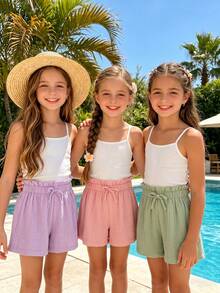 3件套青少年女孩夏季松紧腰纯色短裤，100%纯棉绉布面料，舒适透气，甜美蝴蝶结腰部装饰 - 紫色 - 查看 2
