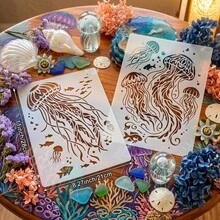 水母海洋模板，A4可重複使用海洋生物繪畫模板，海洋動物繪圖模板，適用於DIY手工藝、牆面藝術裝飾、剪貼簿、布料畫布繪畫、卡片製作、家居裝飾，水下世界水母海洋模板 - 套裝 - 查看 7