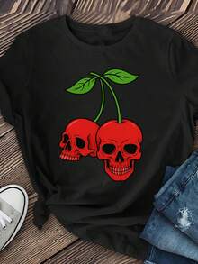 Camiseta de manga corta para mujer con diseño de calavera y cereza, ropa casual de longitud regular, 100% algodón, camiseta de manga corta para primavera/verano. - Negro - Ver 1