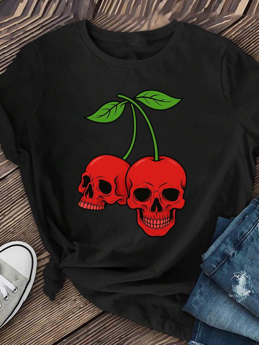 Camiseta de manga corta para mujer con diseño de calavera y cereza, ropa casual de longitud regular, 100% algodón, camiseta de manga corta para primavera/verano. - Negro - Ver 1