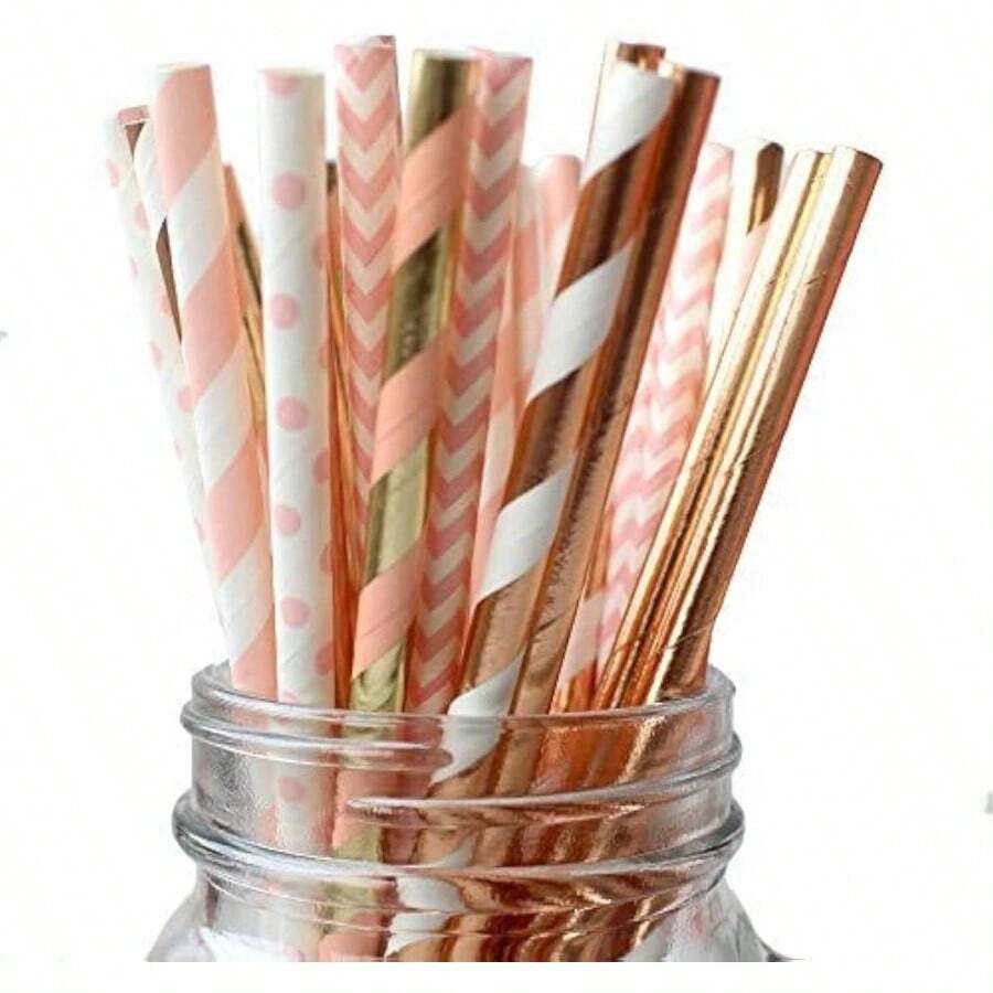 150 pajitas de papel biodegradables de oro rosa y rosa, diseo de lunares, 18 - Oro rosa y rosa. - Ver 1