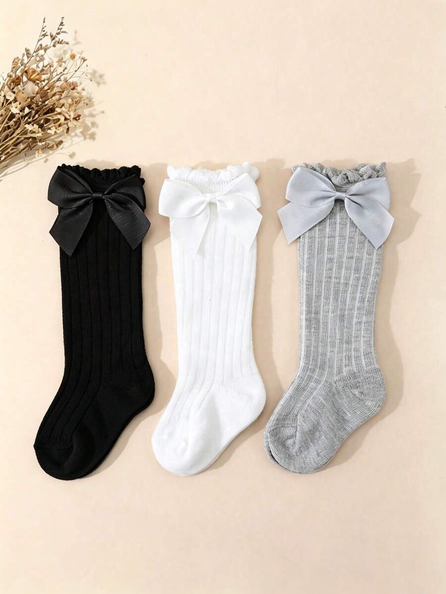3 Pairs Girls Sweet Cute Bow Decor Bubble Cuff Elastic Mid-Calf Socks, Spring Autumn All Seasons Girls Leg Socks, Suitable For 0-3 Years Old Children Daily Wear - Multicolor - View 1