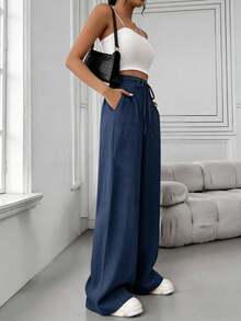 Women's Linen Palazzo Pants, Adjustable Waist With Drawstring, Side Pockets, Casual And Breathable For Vacations - biru laut - View 4