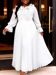 Plus Size Women's White Elegant Chiffon Pleated Ruffle Waist, Long Sleeve Dress, Graceful For Church Wedding Guest Party Evening Gown Fall - White - View 3
