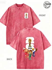 FIFA-2026 World Cup, World Cup T-Shirt, Soccer T-Shirt, Football Tee, 230G Washed High-Quality Cotton Printed Men's T-Shirt; 100% Cotton - 紅色 - 查看 1