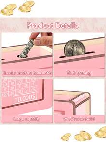 1pc Dollar Euro Pound Symbol Piggy Bank DIY Pink Wood Grain Wooden Money Box, With Erasable Protective Film, Reusable And Writable, Suitable For Coins And Banknotes, Savings Plan, Back To School Gift For Boys And Girls, Halloween Decoration, School Supplies - Multicolor - View 5