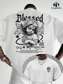 Men's Casual T-Shirt With Double-Sided Print, Black And White Angel Design, 100% Polyester, Stylish Casual Crew Neck Top, Men's Spring Clothing - 白色 - 查看 1