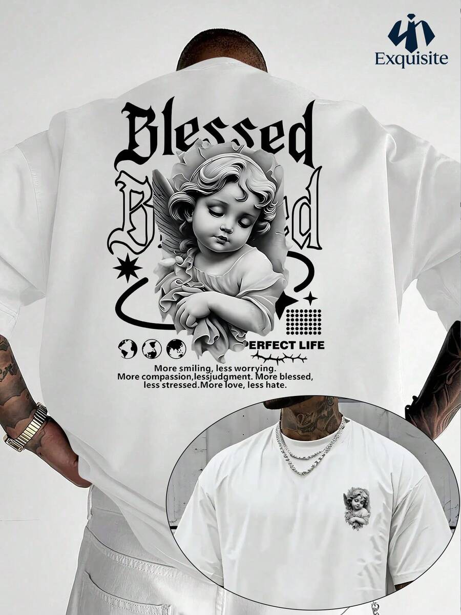 Men's Casual T-Shirt With Double-Sided Print, Black And White Angel Design, 100% Polyester, Stylish Casual Crew Neck Top, Men's Spring Clothing - 白色 - 查看 1