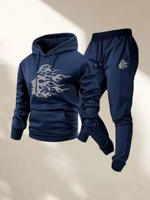 Men's Two-Piece Casual Suit, Long-Sleeved Hooded Sweatshirt Paired With Sweatpants, Tracksuit Set, Sweatshirt, Jogging Pants - 海軍藍 - 查看 14