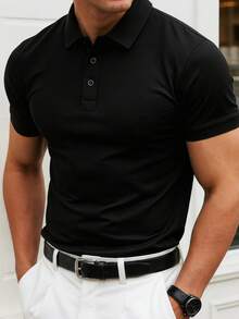 男士夏季純色短袖休閒通勤鈕扣 Polo 衫，適合高爾夫運動，黑色 Polo 衫 - 黑色 - 查看 6