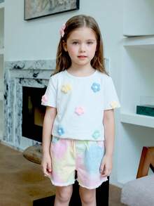 Young Girl' Fashionable Casual Cute Set, Floral Tee + Multi-Color Fringe Denim Shorts - White - View 2