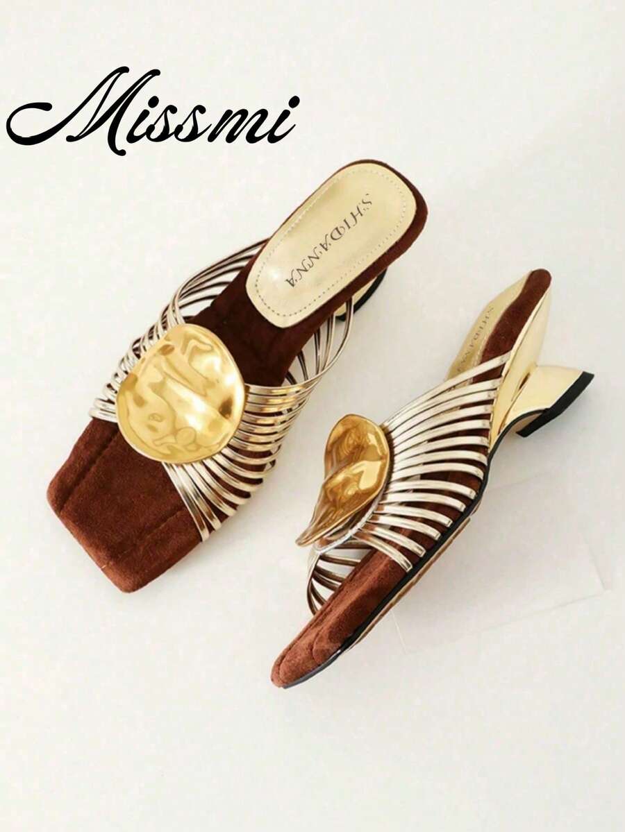 5cm New Colorblock Minimalist Wedge Thong Sandals, Women's Open Toe High Heels For Summer 2025 - Gold - View 1