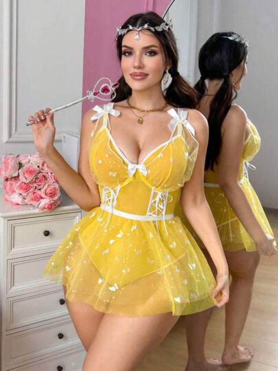 Fantasy Costume Fantasy Costume Conjunto de lencería de talla grande con aros, 2 piezas - Amarillo - Ver 1