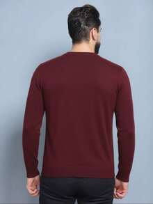 Men's Plain Wool Knit Sweater With Round Neck And Long Sleeves For Winter - Burgundy - View 2
