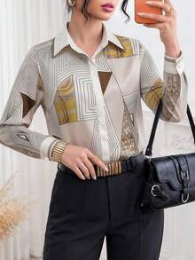 Áo sơ mi satin nữ tay dài họa tiết hình học, cổ đứng cài nút thanh lịch, phù hợp cho kỳ nghỉ hè, đi làm, dự tiệc, lễ tốt nghiệp, dạo phố và các dịp thường ngày khác - Màu be - Xem 5