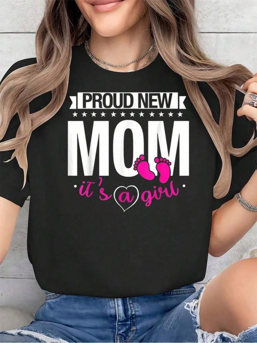 TrendyCotton Proud New Mom T-Shirt With A Little Girl Print, Round Neck, Soft Short Sleeves For Women, Stylish And Comfortable, Graphic Tees. Everyday Wear - 黑色 - 查看 1