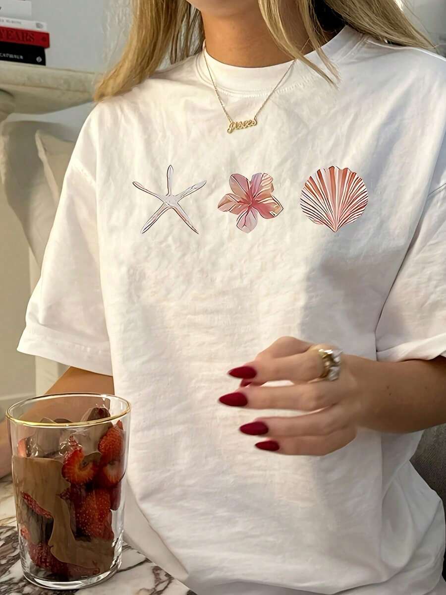 Women's Short-Sleeved T-Shirt With Round Neck And Starfish And Shell Print, White, For Summer. - White - View 1