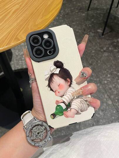 1個時尚創意蝴蝶結女孩瓶身圖案、直條紋皮革防摔手機殼保護套，適用於/Apple 17/16/15/14/13/12/11Pro Max/12Pro/14Plus及其他手機型號