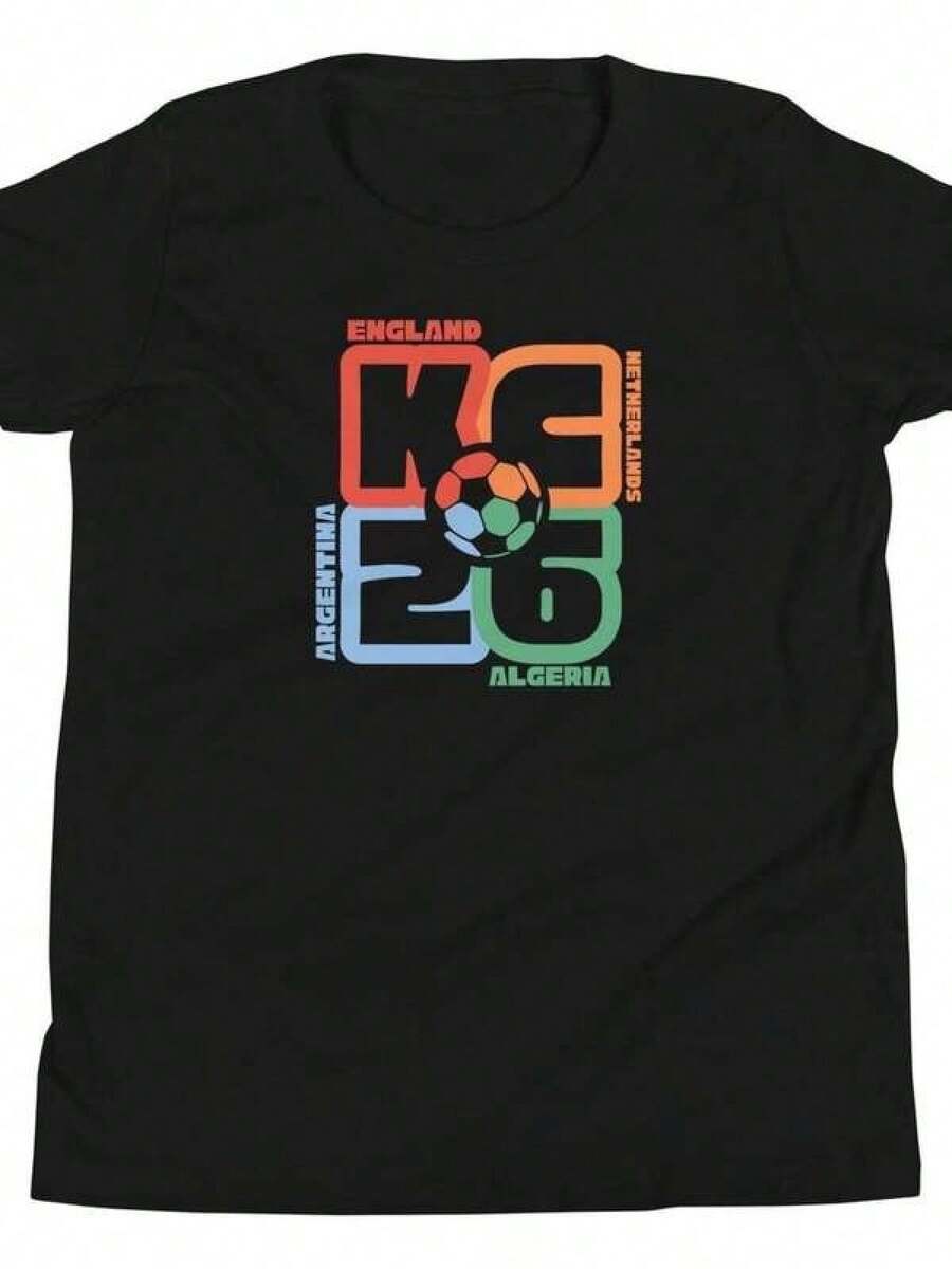 Camiseta de Fútbol Juvenil de la Copa Mundial de Kansas City 2026 | Camiseta de aficionado de Inglaterra, Países Bajos, Argentina, Argelia - Negro - Ver 1