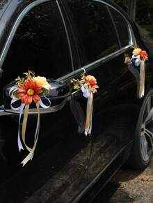6枝玫瑰花后视镜装饰、婚车花、婚礼场地装饰、楼梯扶手、走廊门把手、蝴蝶结丝带玫瑰装饰 - 彩色 - 查看 9