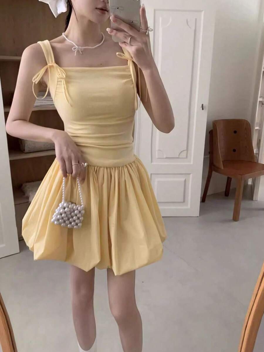 New Summer Collection: Women's Camisole Dress With Ribbon Straps, Shirred Waist, And Balloon Skirt - Yellow - Sweet Style, Perfect For Dates, Casual Wear, And Shopping - Yellow - View 1