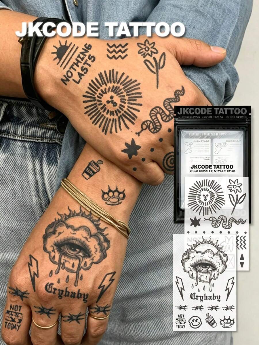 JKCODE TATTOO 2pcs Semi-Permanent Tattoo Set | Fun Illustration Tattoo Stickers, Hand Tattoos, Cute Design Finger Tattoos | Unisex Waterproof Tattoos, Realistic Fake Tattoos, Non-Reflective, Lasts 7-14 Days, Magic Tattoos, Lasts 1-2 Weeks, Perfect Gift