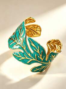VceTd 1pc Naturalistic Style Colorful Enamel Leaf Design Stainless Steel Open Bangle Bracelet For Women, Suitable For Casual, Vacation Or Party Wear - Yellow Gold - View 9