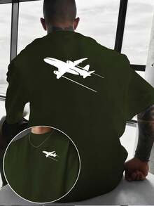 Una camiseta casual para hombre con un diseño creativo, que presenta un estampado de la silueta de un avión. un estilo personalizado para entusiastas de la aviación, con estampado de dobl - Negro - Ver 10