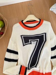 1pc Casual Slouchy Loose Fit Colorblock Number 7 Design Unique Thin World Cup Jersey College Style Crew Neck Knit Sweater - Multicolor - View 6