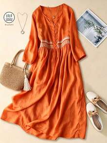 Vestido elegante de talla grande para mujer con cuello en V, bordado, cintura ceñida y media cremallera - Naranja - Ver 2