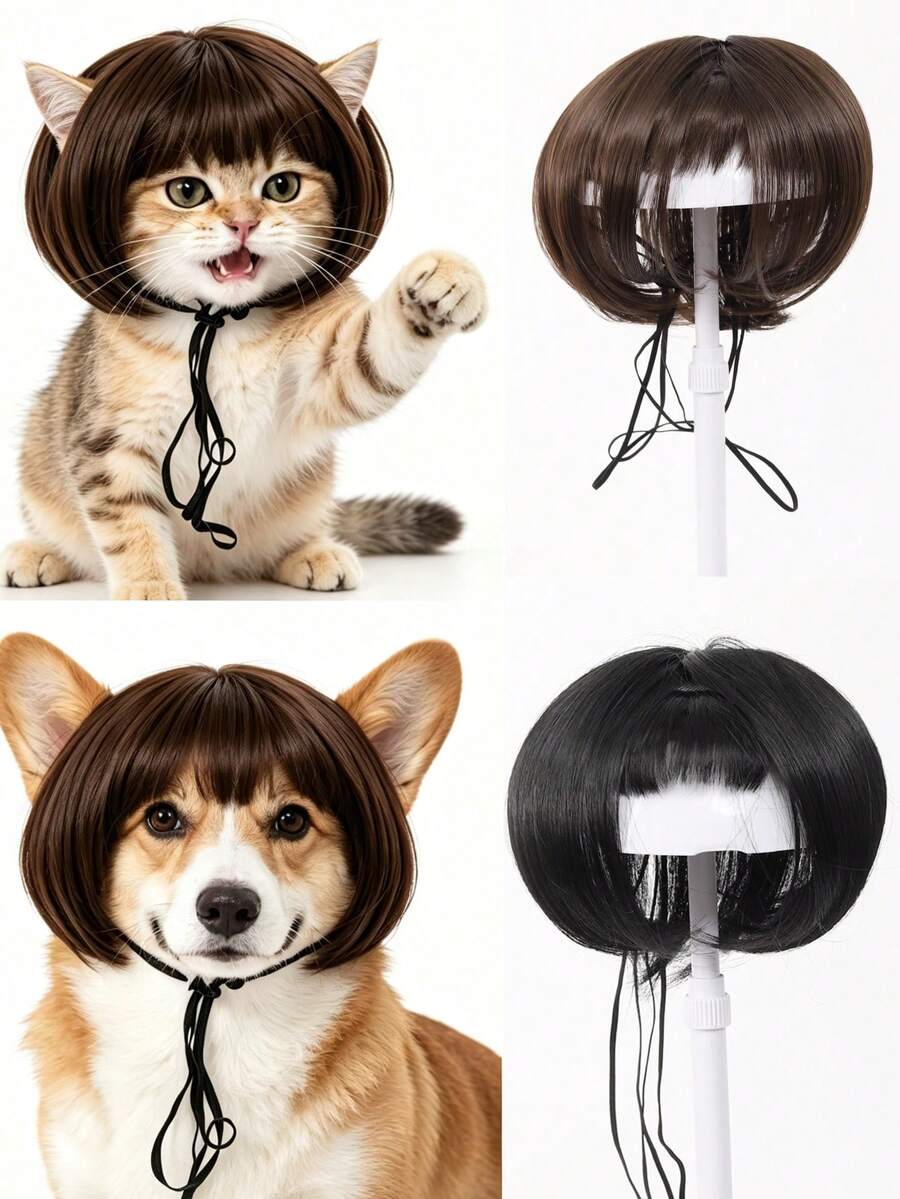 Wig Hewan Peliharaan Serat Sintetis Lucu, Gaya Rambut Poni Lurus Hitam, Hiasan Kepala Modis yang Menyenangkan untuk Kucing dan Anjing Kecil, Aksesori Rambut Hewan Peliharaan - MultiWarna - View 1