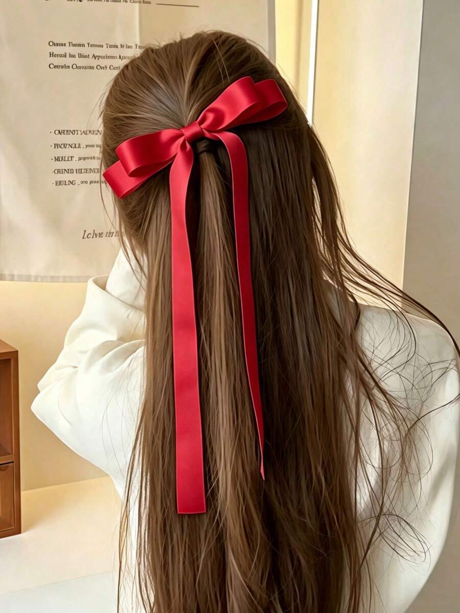 1件紅色緞面蝴蝶結髮夾，女士長緞帶蝴蝶結髮夾，適合日常配戴、婚禮派對復古髮飾